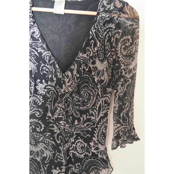 Y2K Ice Silk Paisley Beaded Ruffle Neckline Blouse Size Small - Picture 4 of 5